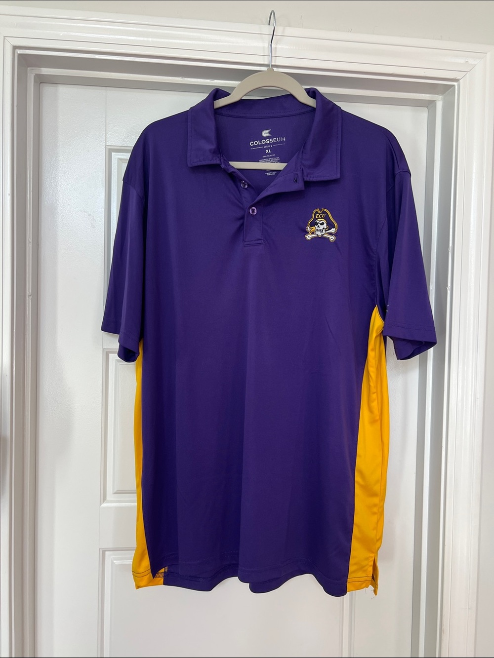 Colosseum ECU Men’s Purple and Gold Polo with Embroidered Pirate Logo XL